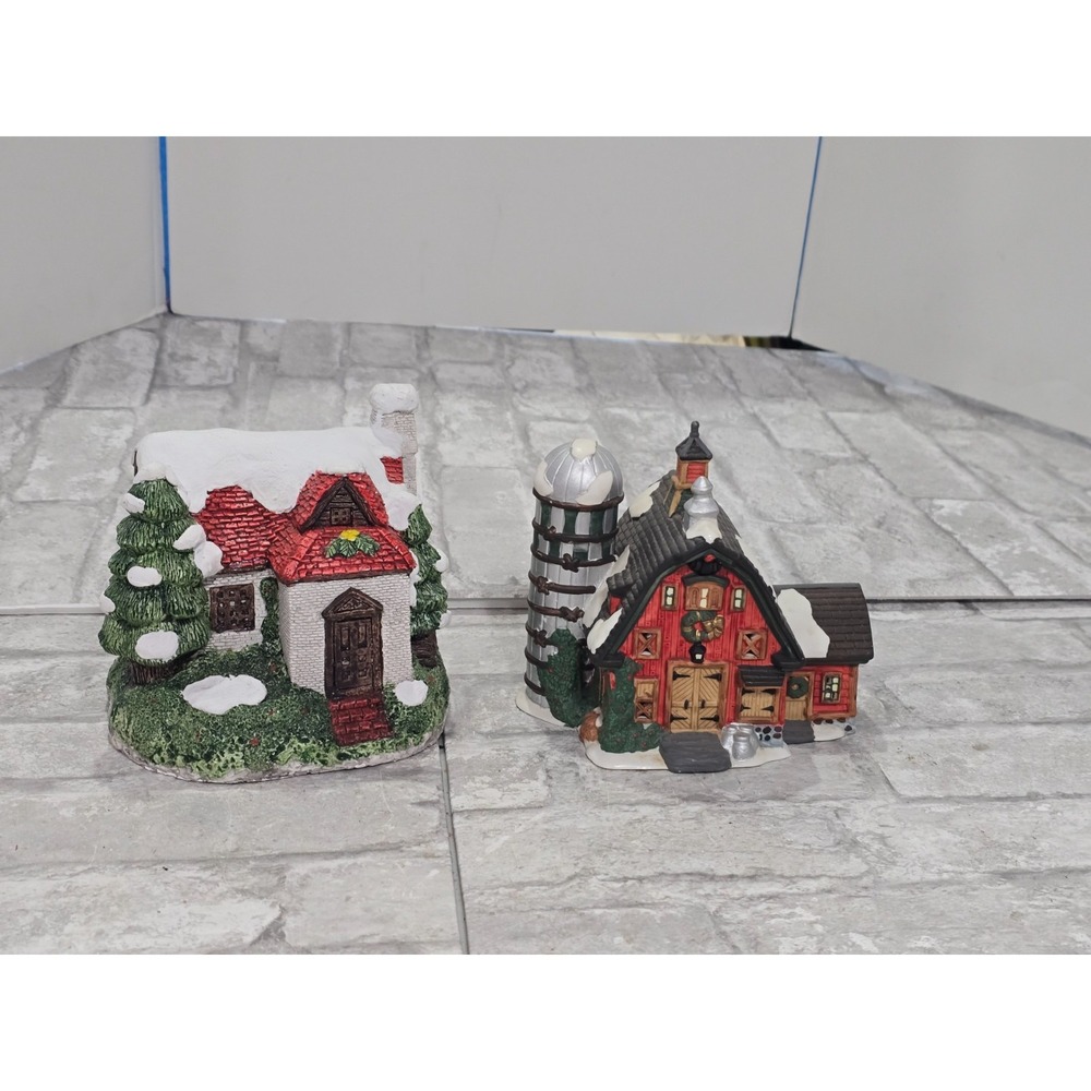 O'Well China Red Barn Silo Christmas Village House 1997 w/ white brick house